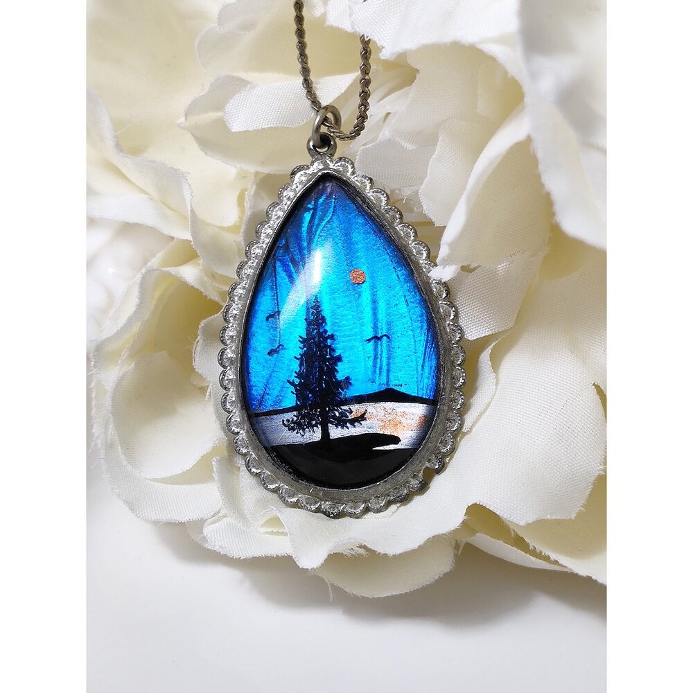 Vintage Morpho Butterfly Wing Pendant Necklace Painted Forest Palm Tree Blue